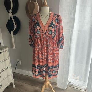 Floral V-Neck Midi Dress in Coral and Navy